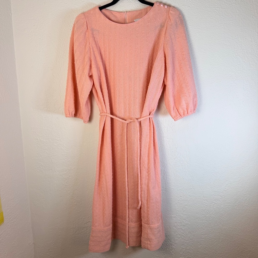 VTG Womens L Dress Pink Textured Knit Elbow Sleeve Belted Midi Dress Cottage